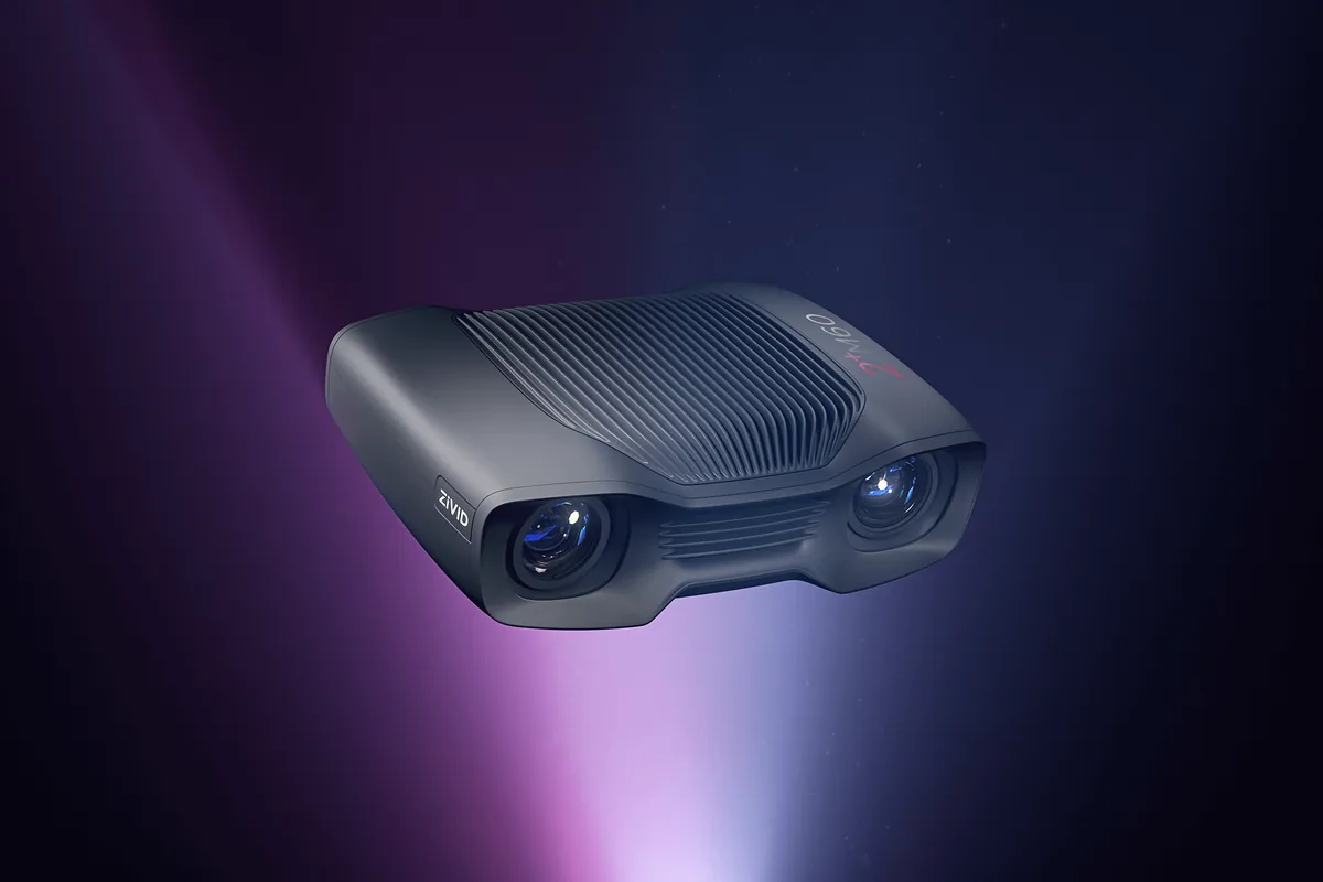 Camera 3D ánh sáng cấu trúc Zivid 2+ M60 vỏ xám đậm có cánh tản nhiệt, hai ống kính ở hai bên mặt trước