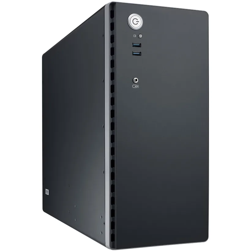 Máy tính Advantech AIR-510 đặt dựng đứng, vỏ đen, nút nguồn và cổng USB ở phía trên mặt trước